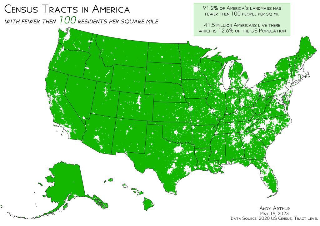 Census Tracts in America with Fewer then 100 People Per Square Mile