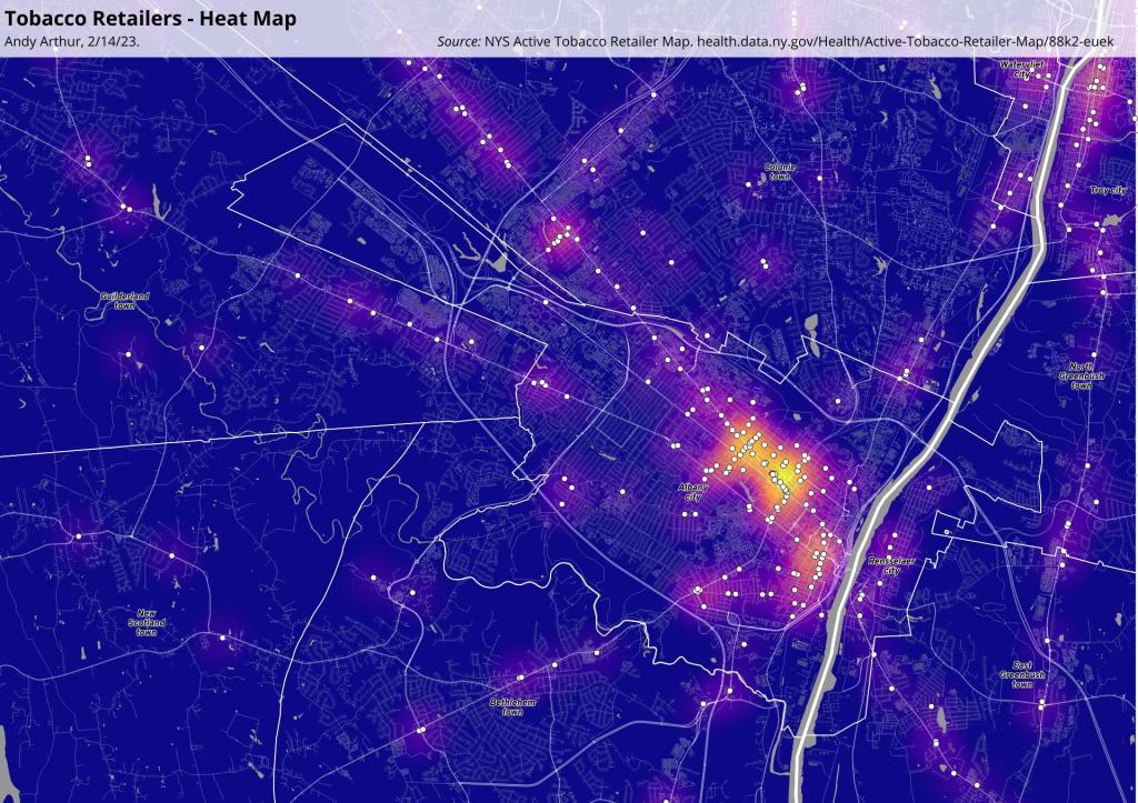 Where Tobacco Retailers are Located in Albany, a Heat Map