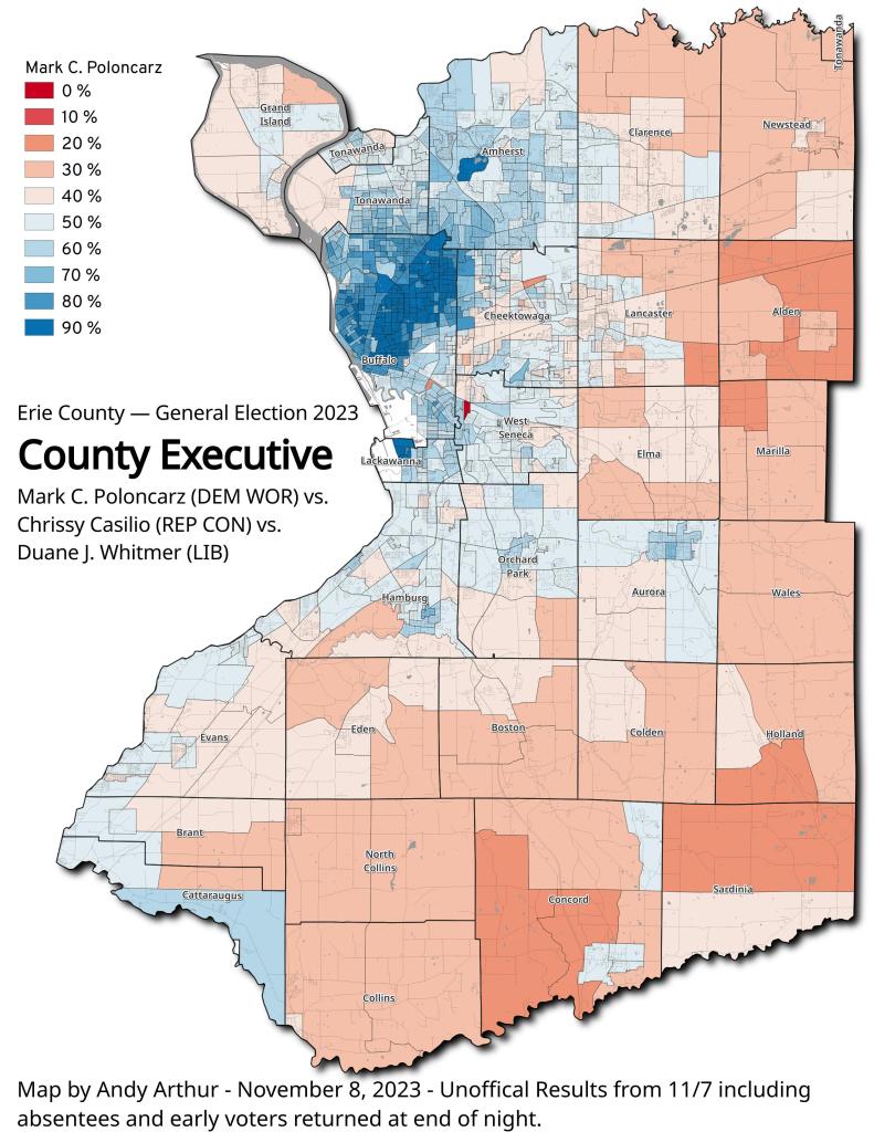 Erie County - General Election 2023 County Executive Mark C. Poloncarz (DEM WOR) vs. Chrissy Casilio (REP CON) vs. Duane J. Whitmer (LIB)