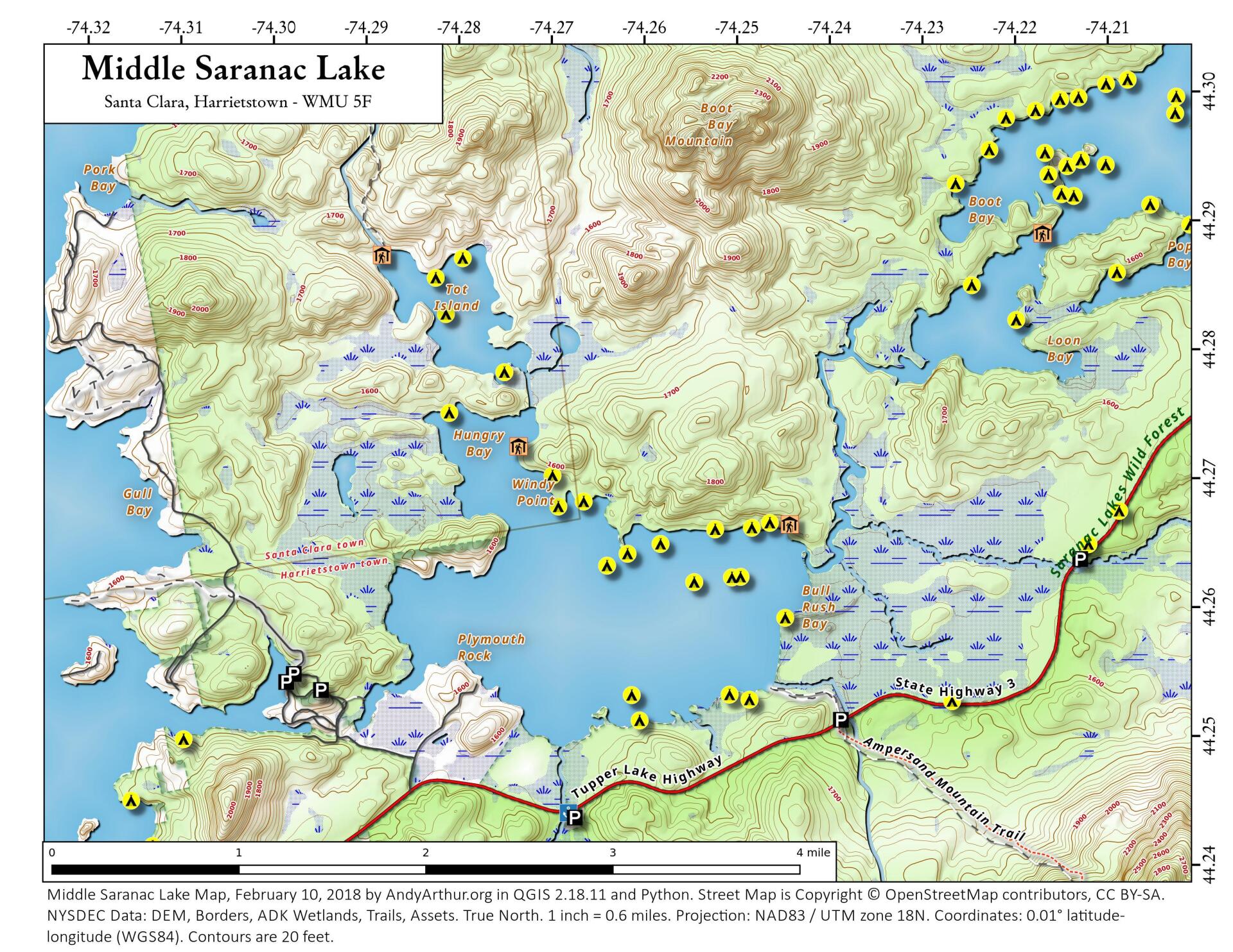 Map Middle Saranac Lake Andy Arthur.org