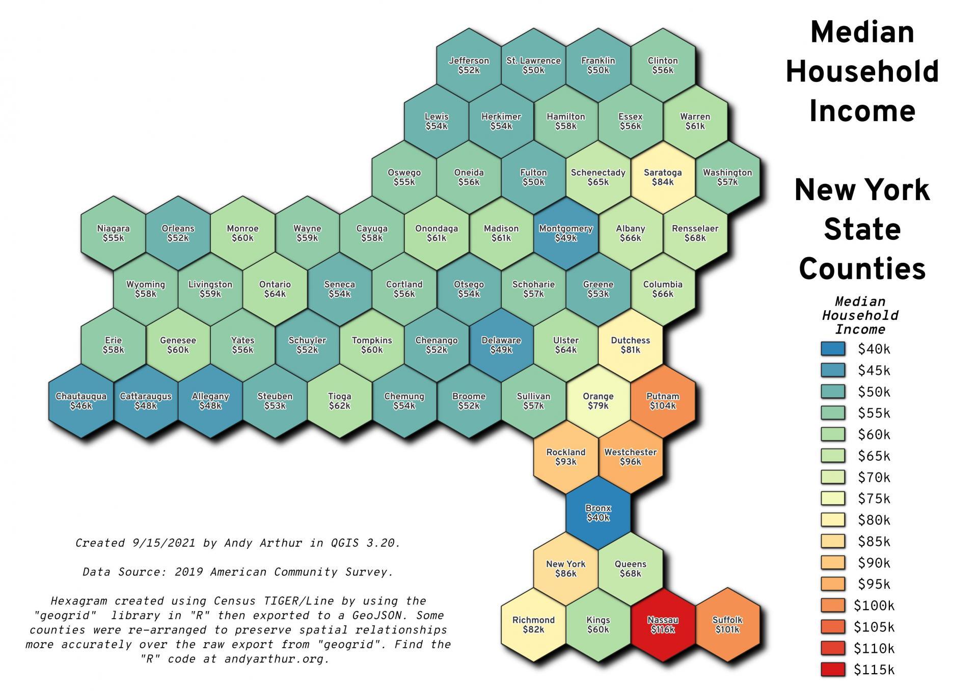 Thematic Map Median Household in New York State, a Hexagram