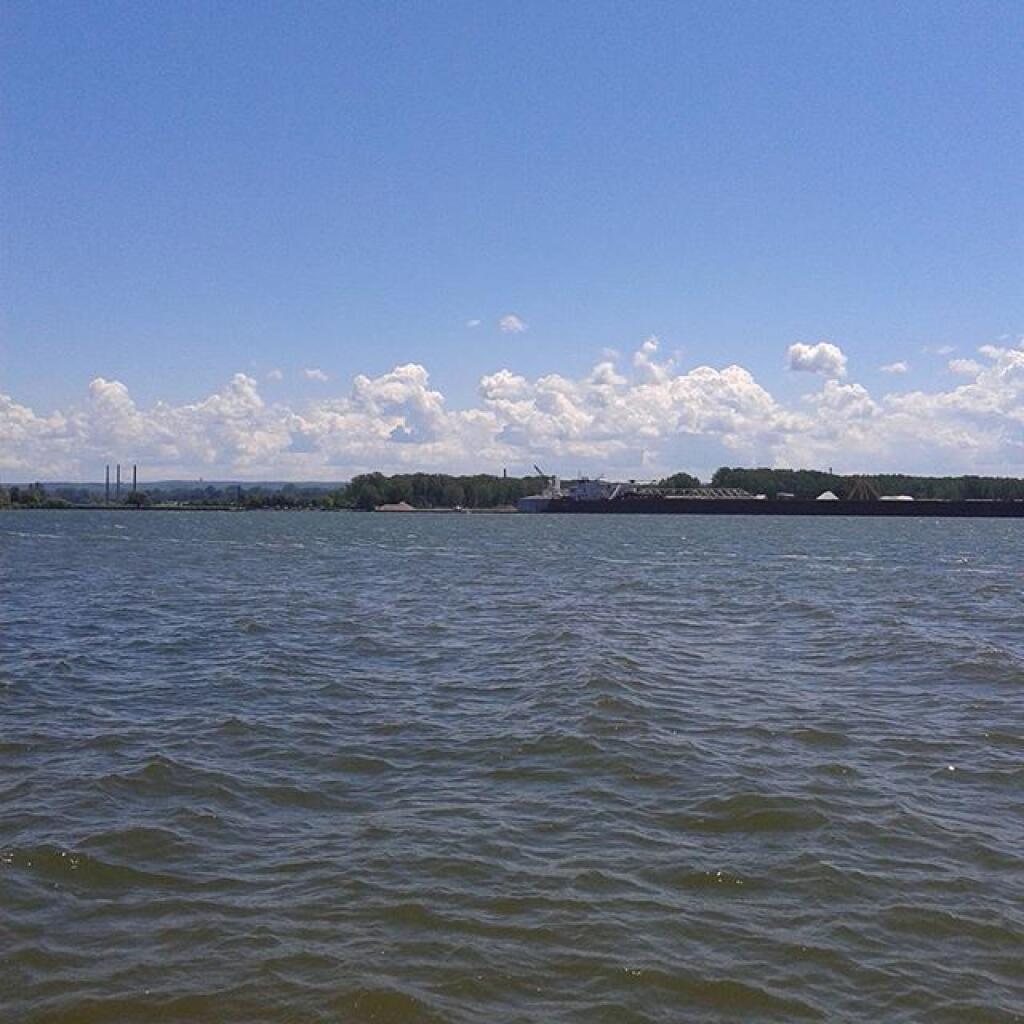 Photo: Barge and Smoke Stacks of former steel plant
