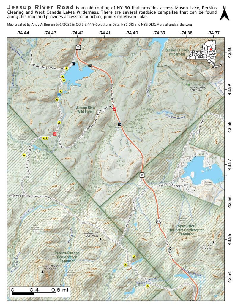 Map: Jessup River Road - Perkins Clearing - Campsites and Mason Lake Access